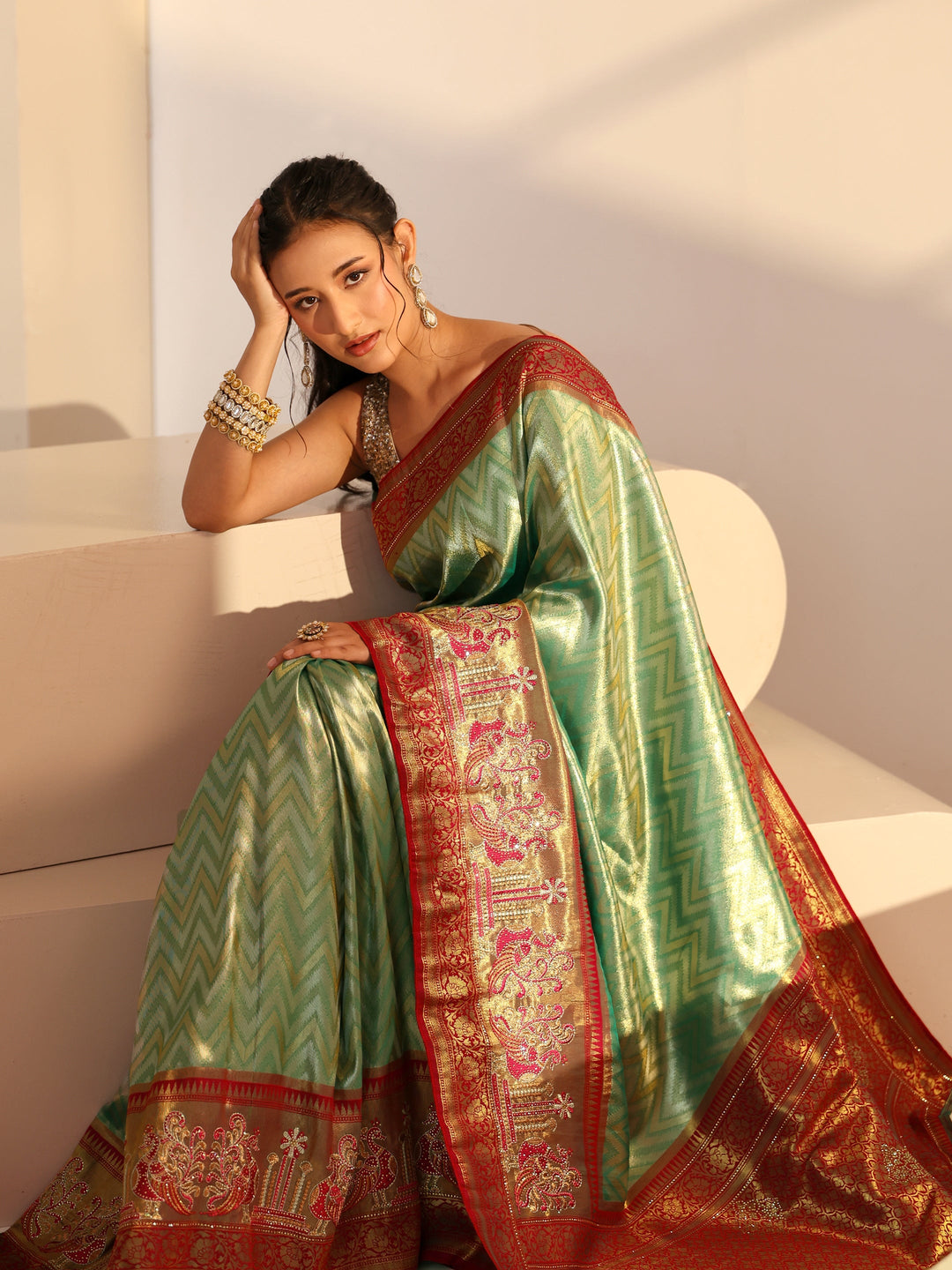  Libas Seafoam Green Chevron Woven Design Silk Blend Saree 