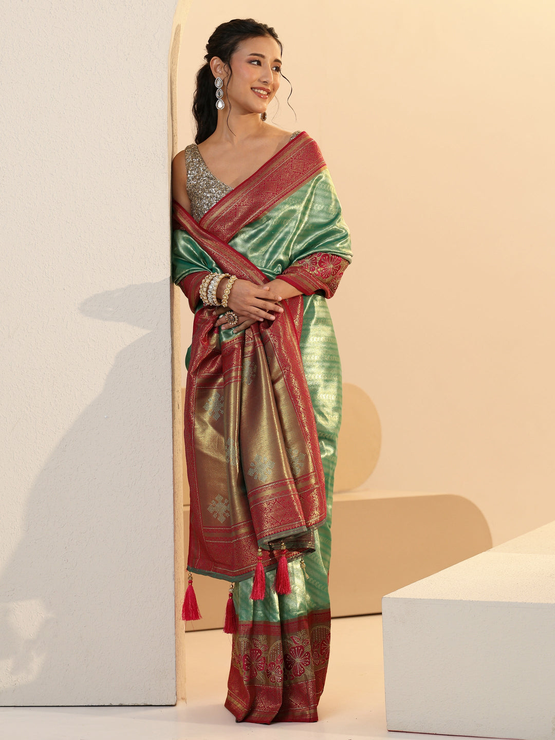  Libas Seafoam Green Woven Design Silk Blend Saree 