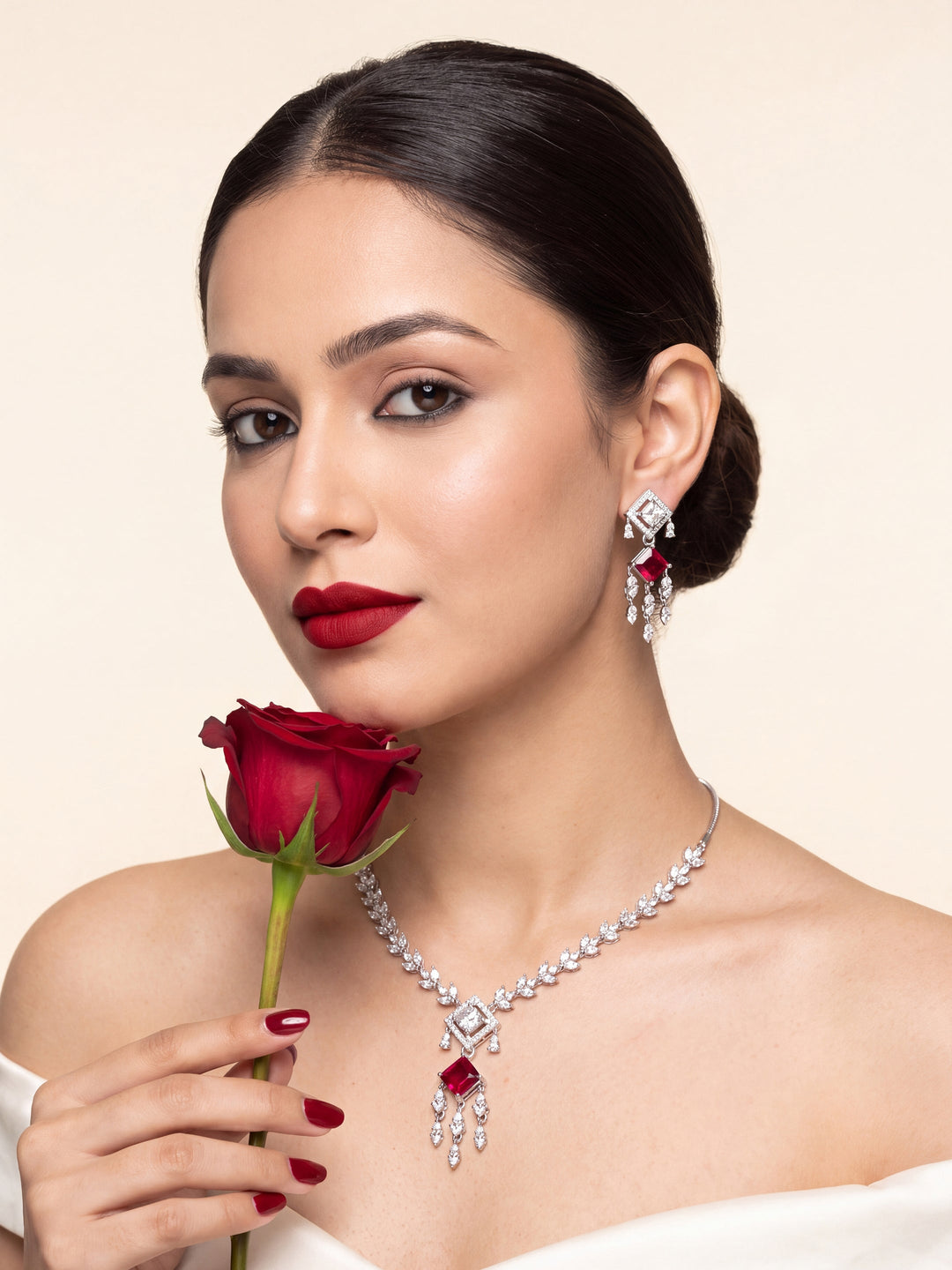  Libas Silver Plated AD Red Stone Necklace Set 