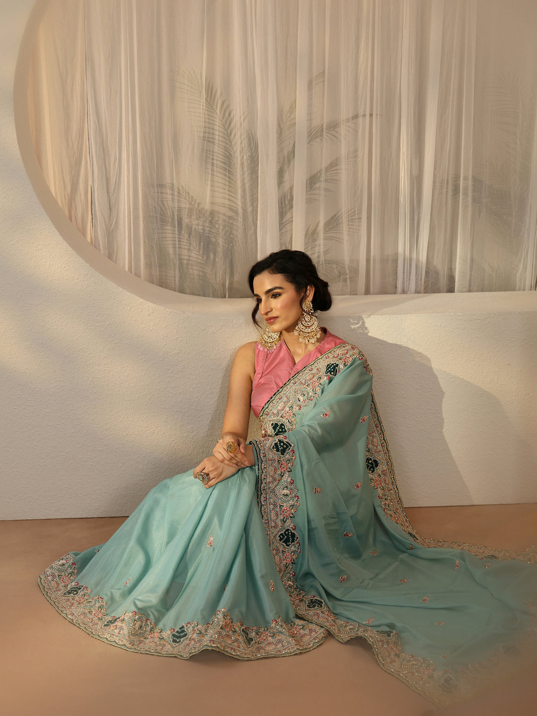  Libas Sky Blue Floral Embroidered Satin Saree 