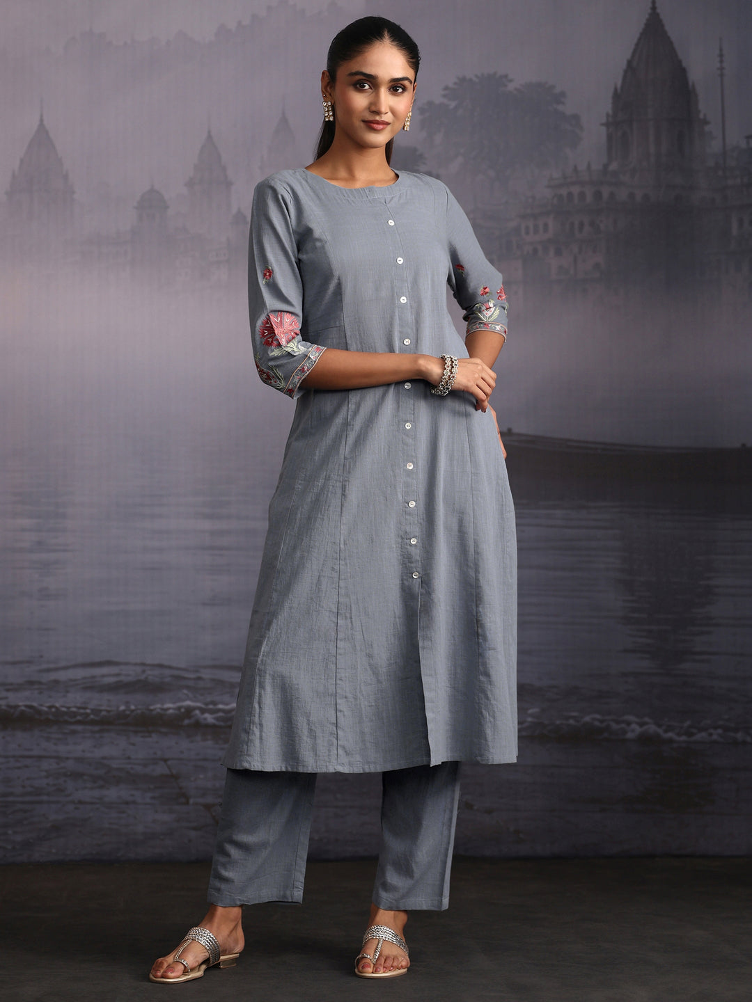 Libas Slate Blue Floral Embroidered Cotton Co-Ord Set