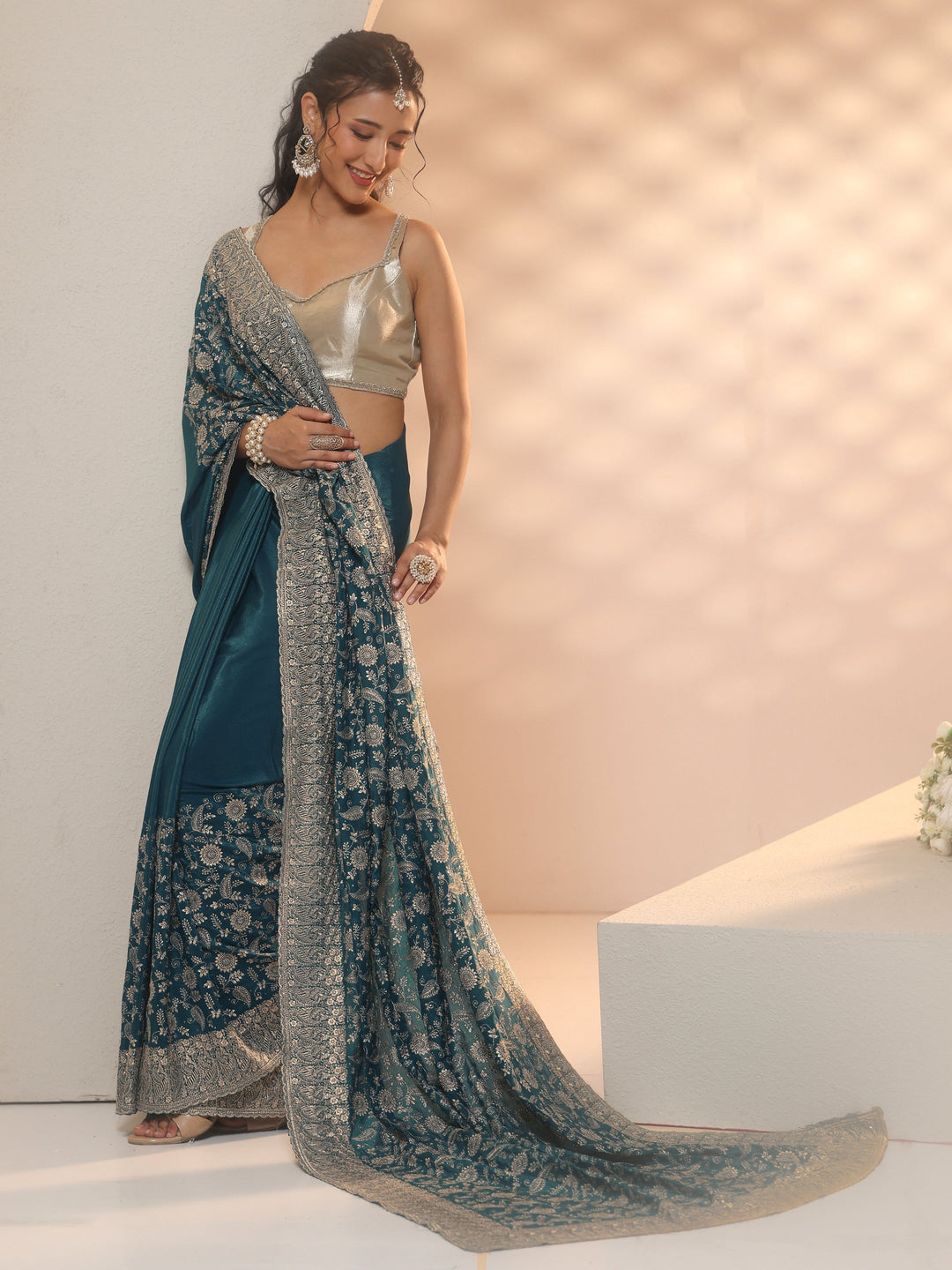  Libas Slate Blue Satin Saree with Floral Embellishments 