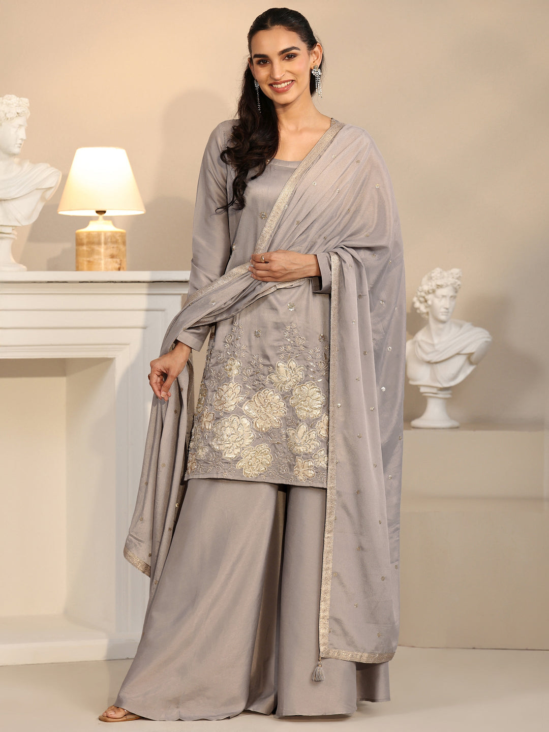  Libas Slate Grey Floral Embellished Silk Blend Palazzo Suit Set 