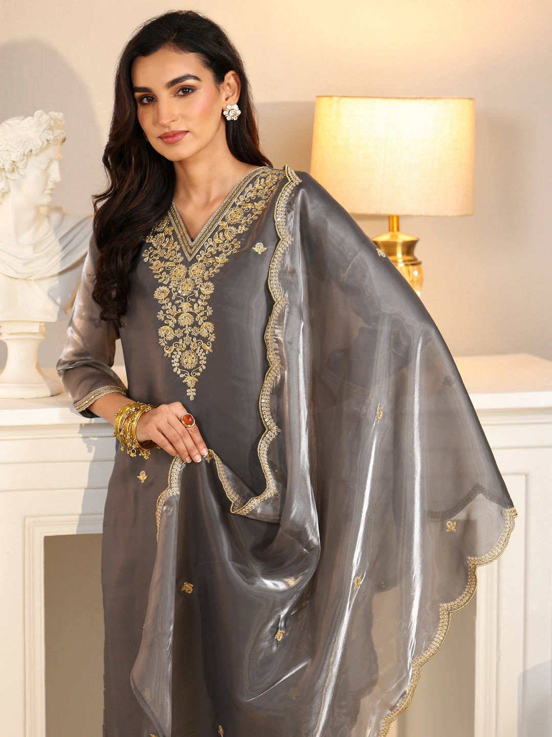  Libas Slate Grey Floral Embellished Tissue Straight Suit Set 