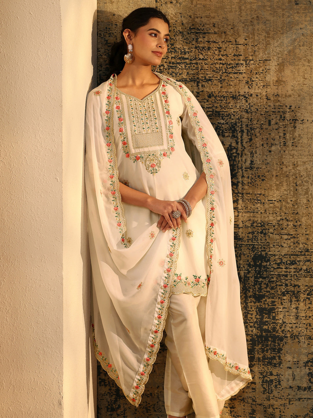  Libas Snow White Floral Embroidered Georgette Straight Suit Set 