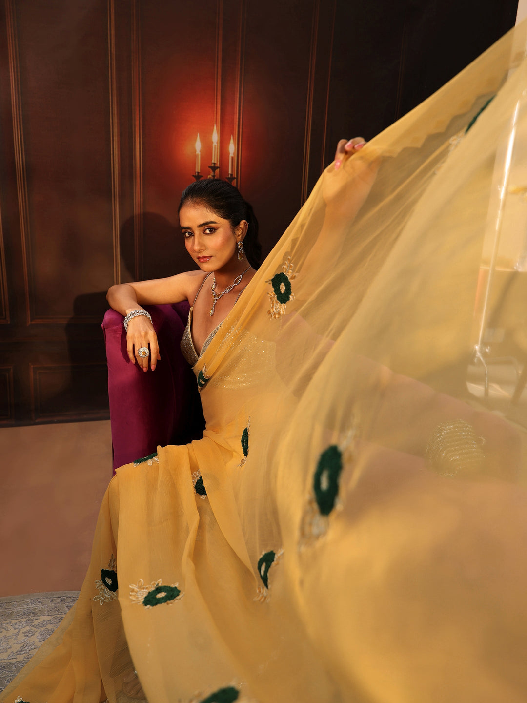  Libas Sunshine Yellow Chiffon Saree with Embellished Floral Motifs 