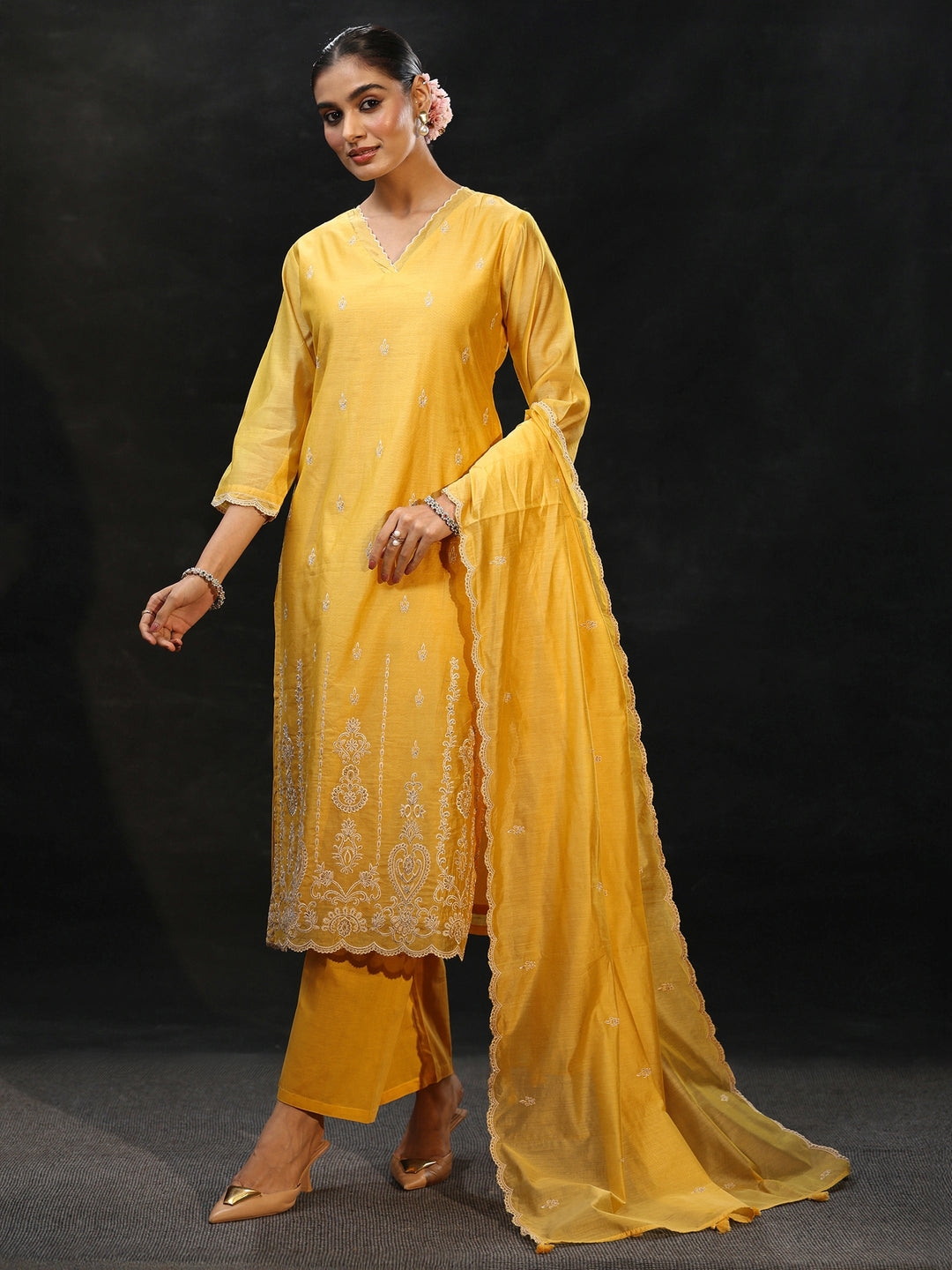  Libas Sunshine Yellow Embroidered Chanderi Silk Straight Suit Set 