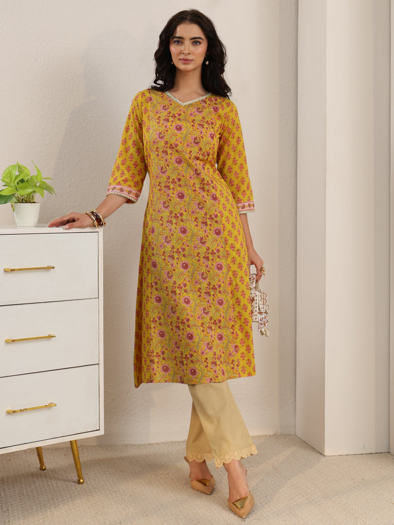 Libas Sunshine Yellow Floral Printed Cotton A-Line Kurta