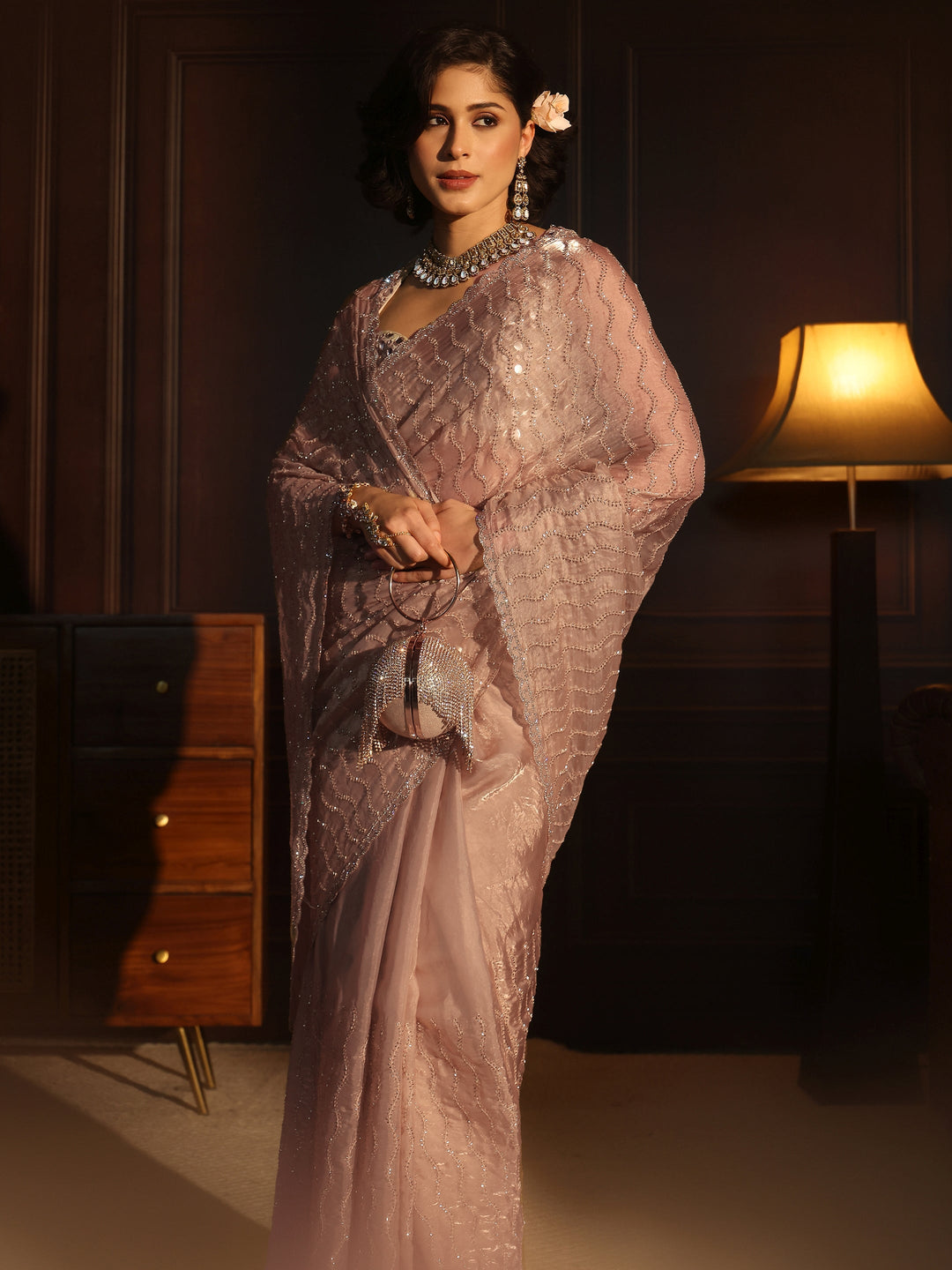 Libas Taupe Embellished Tissue Saree