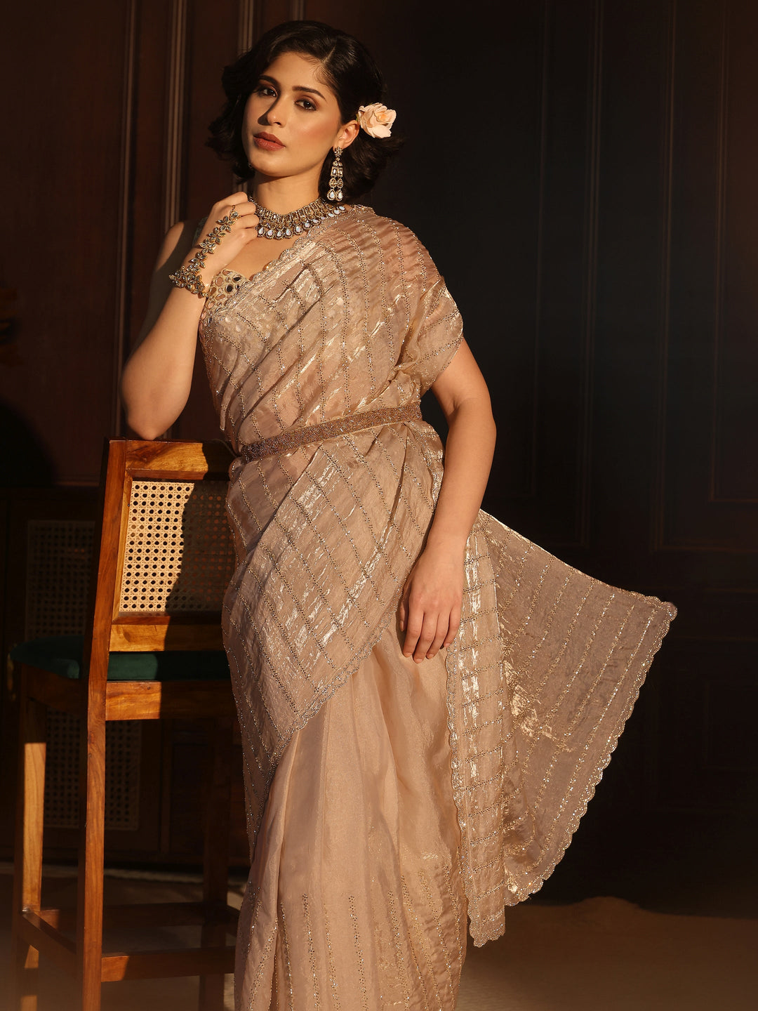 Libas Taupe Embellished Tissue Saree