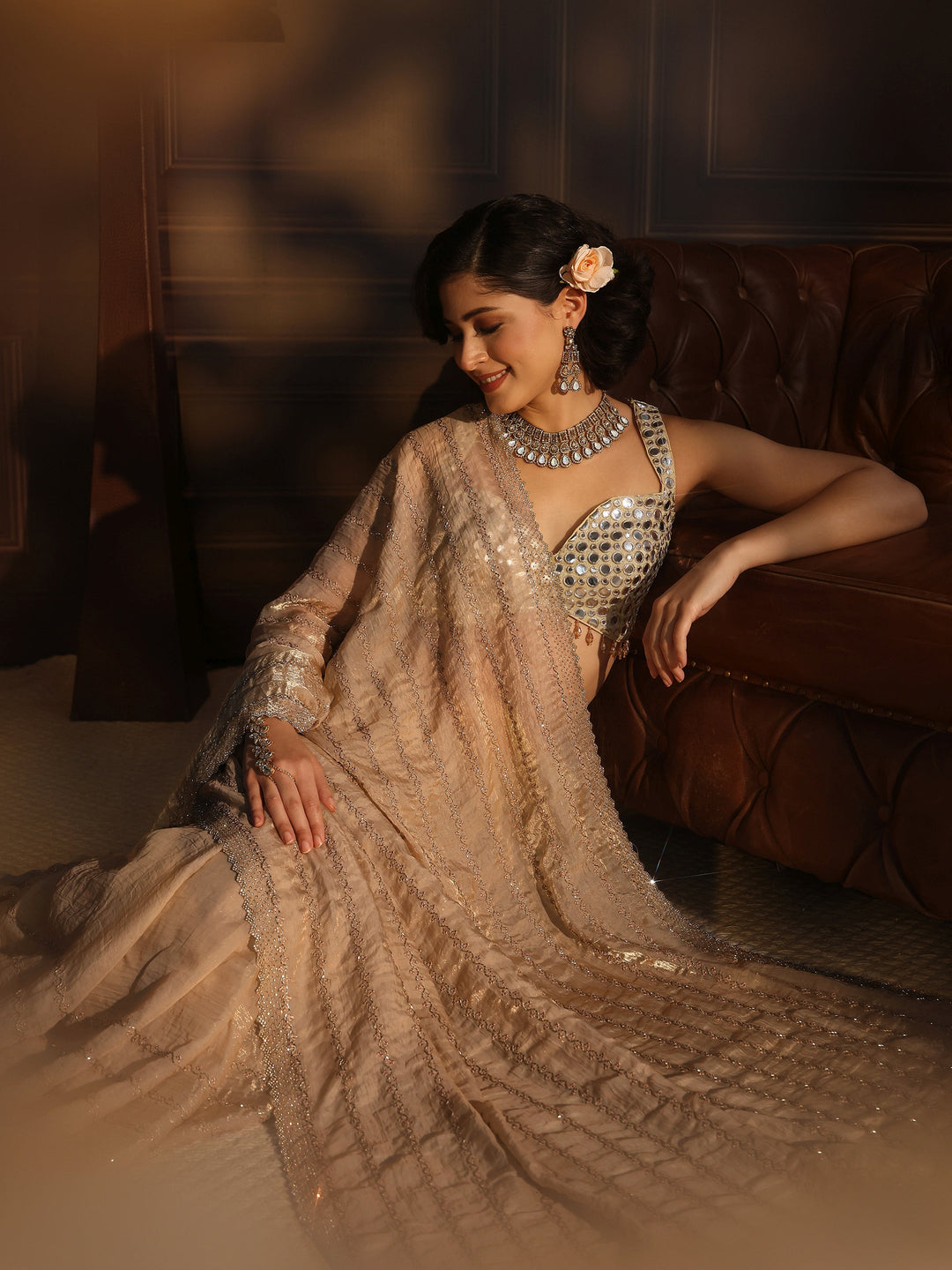 Libas Taupe Embellished Tissue Saree