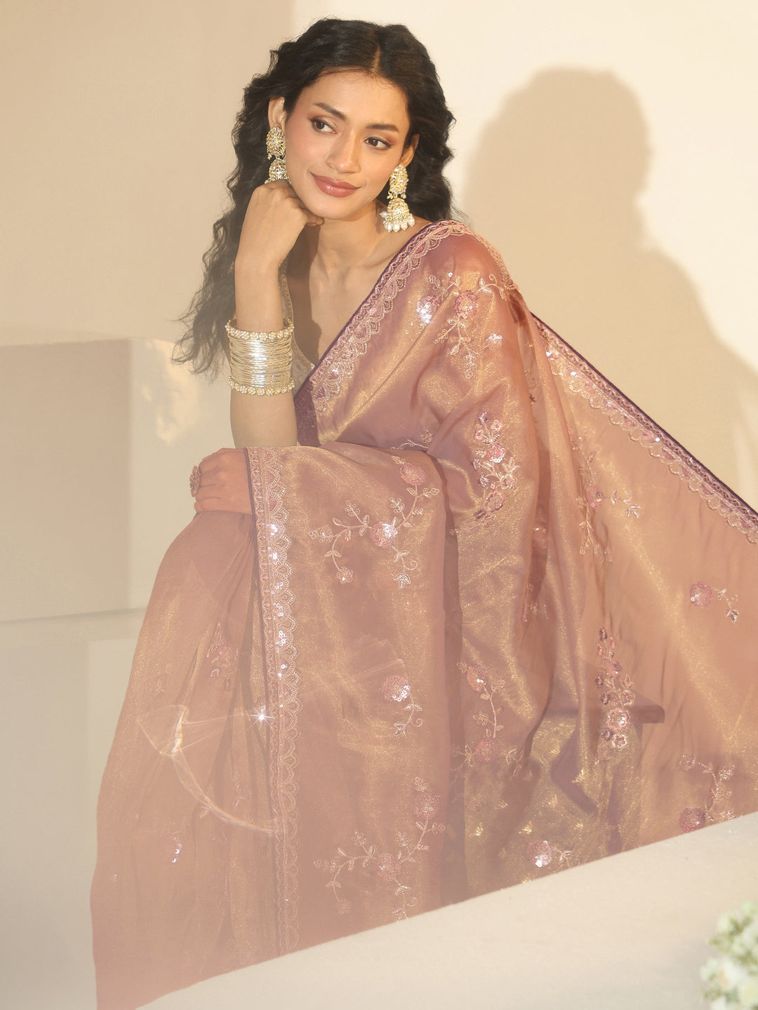 Libas Taupe Floral Embellished Tissue Saree 