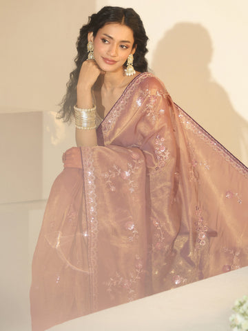 Libas Taupe Floral Embellished Tissue Saree
