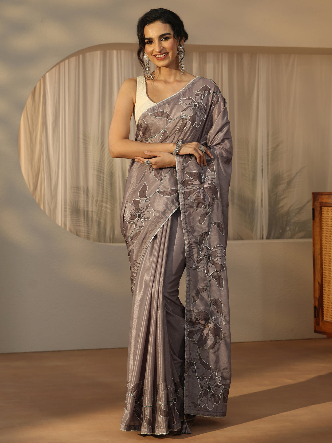  Libas Taupe Grey Floral Embellished Satin Saree 