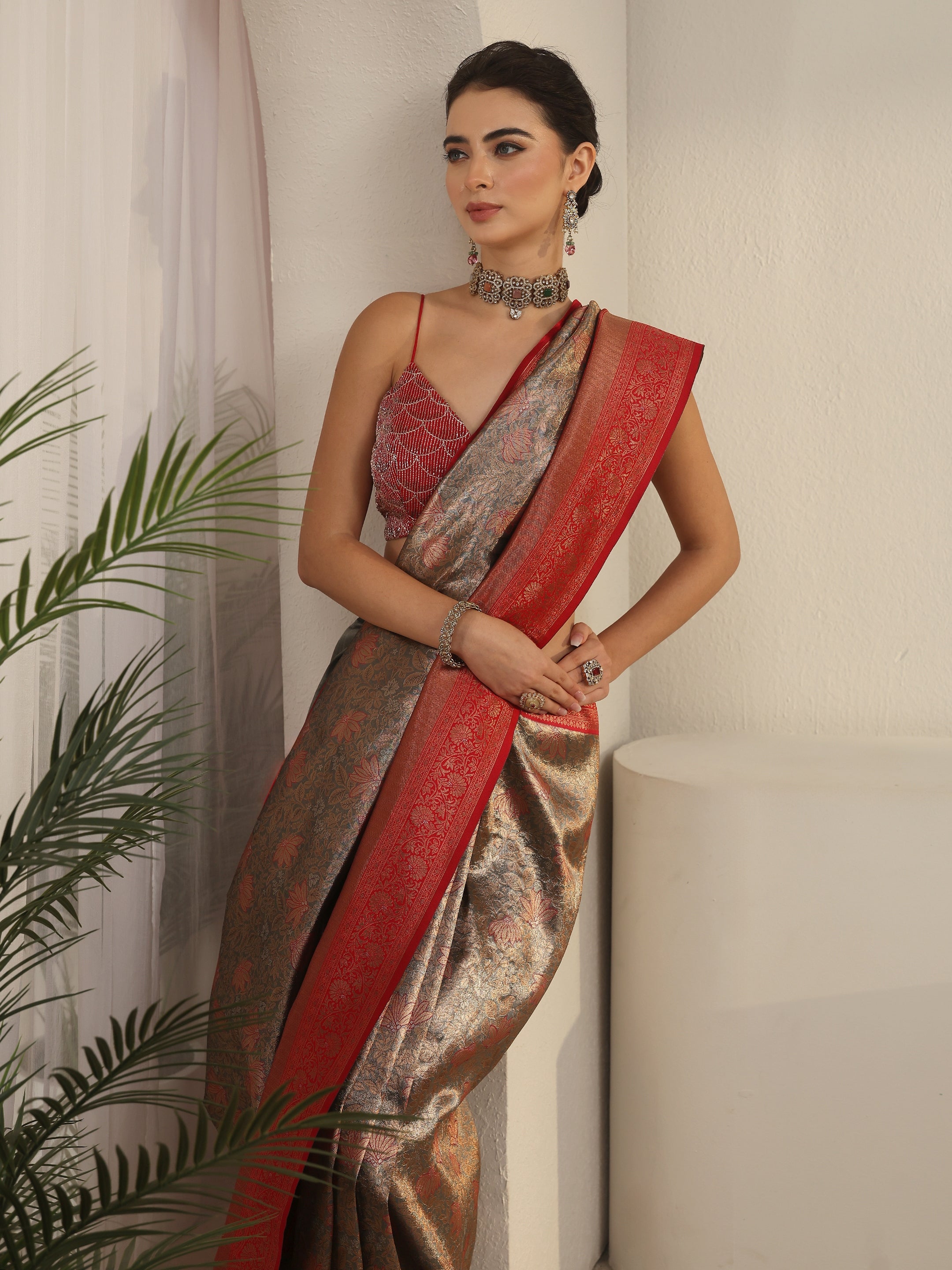 Libas Taupe Grey and Red Floral Woven Design Brocade Saree-picture-17