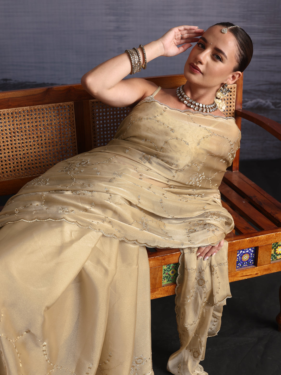  Libas Taupe Stone Work Embellished Tissue Saree with Scalloped Border 