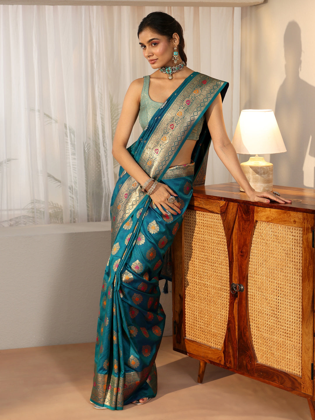  Libas Teal Blue Banarasi Silk Blend Saree 