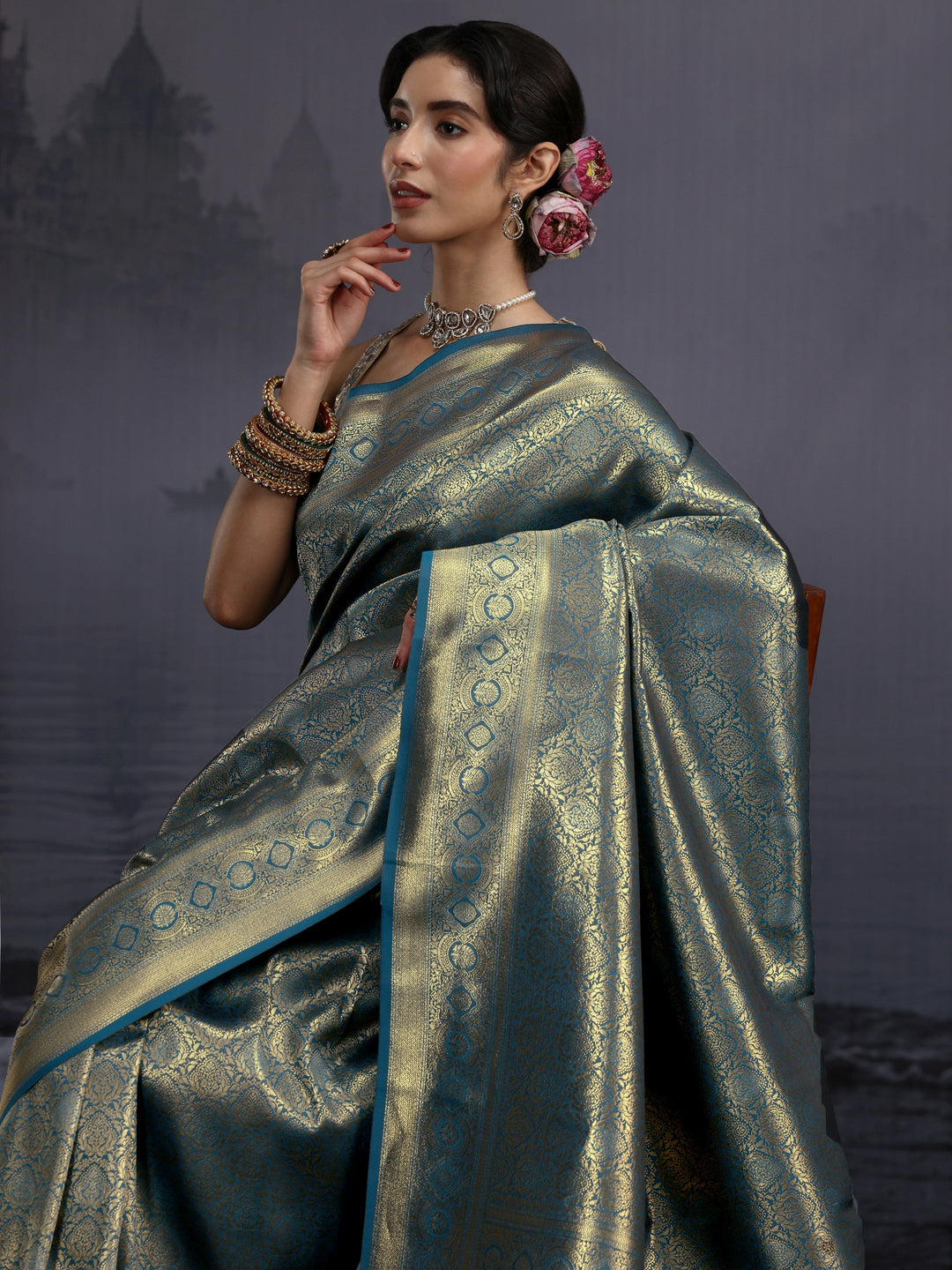  Libas Teal Blue Banarasi Silk Blend Saree 