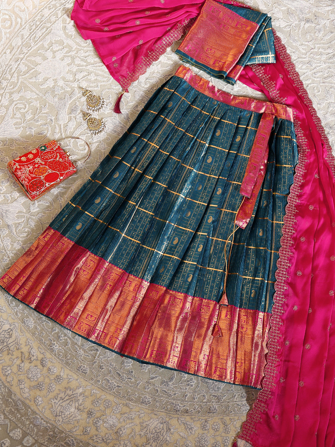 Libas Teal Blue Brocade Semi-Stitched Lehenga Choli