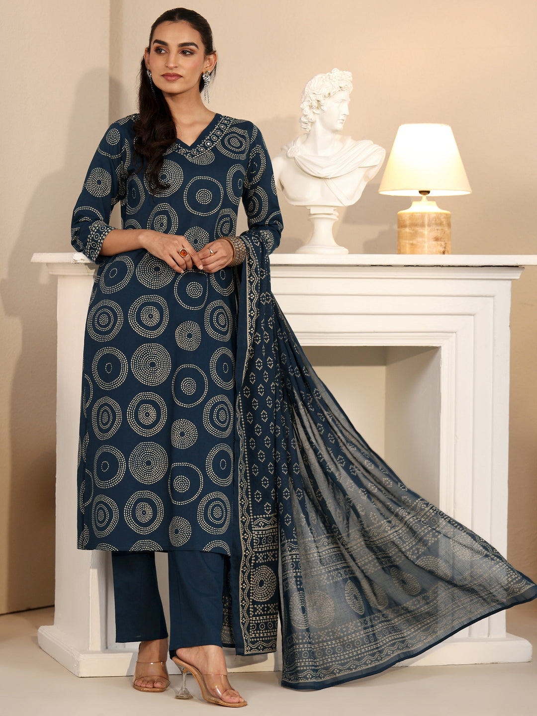 Libas Teal Blue Circular Print Cotton Straight Suit Set