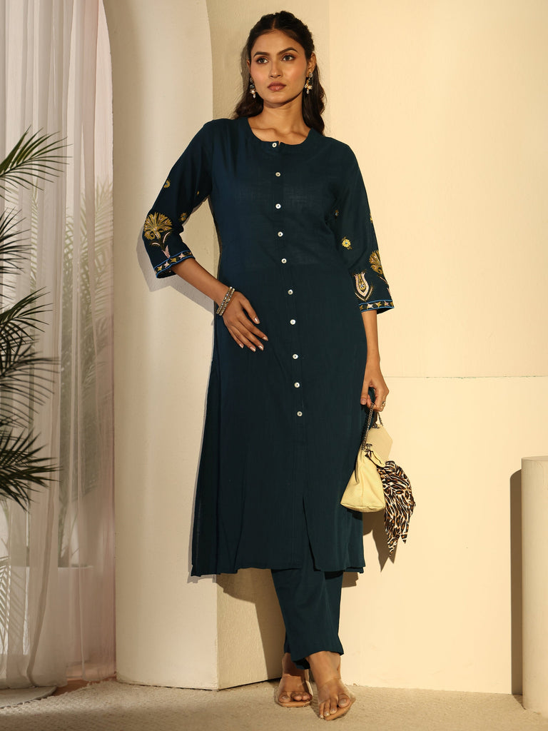 Libas Teal Blue Cotton A-line Kurta Set