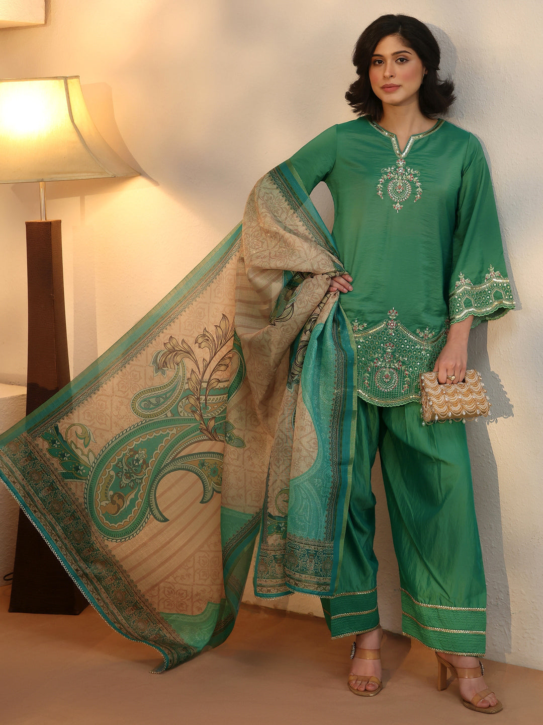  Libas Teal Blue Embroidered Silk Blend Straight Kurta Set 