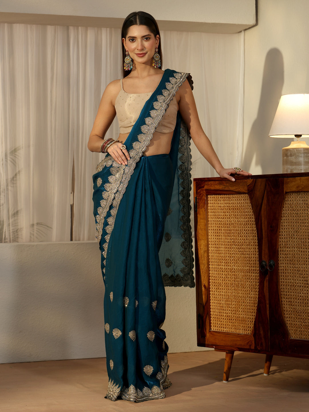  Libas Teal Blue Embroidered Tissue Saree 