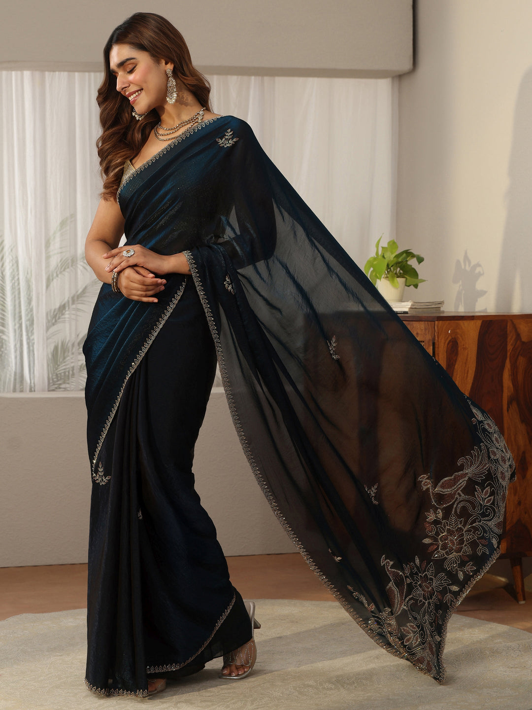  Libas Teal Blue Floral Embellished Tissue Saree 