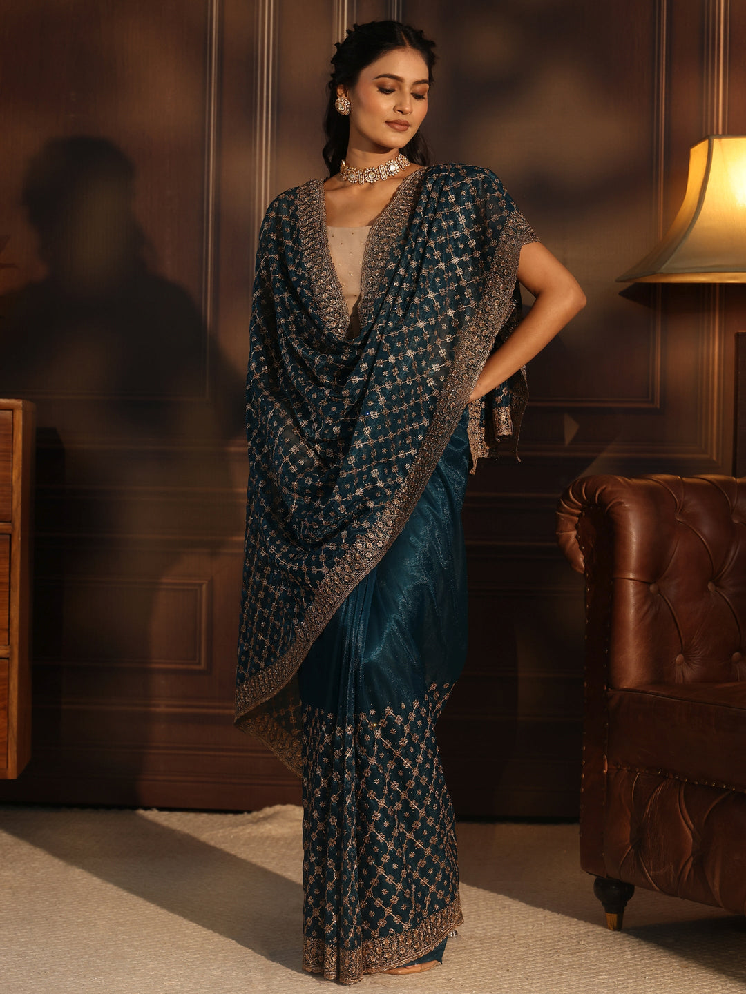  Libas Teal Blue Floral Embroidered Net Saree 