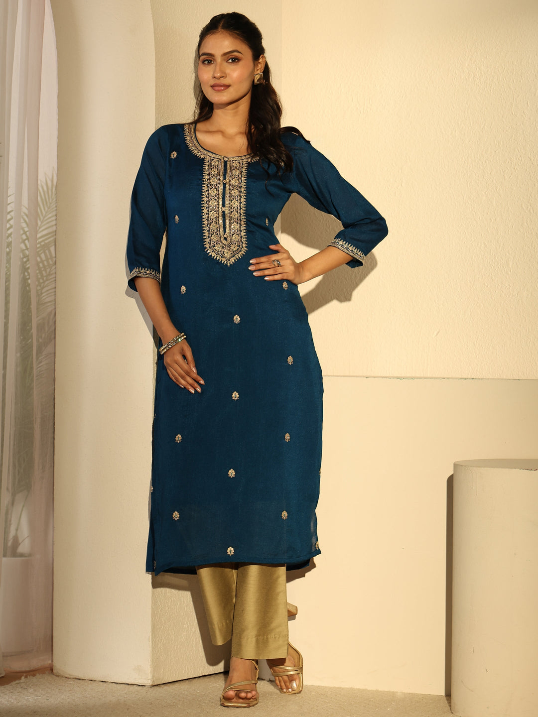Libas Teal Blue Floral Embroidered Silk Blend Straight Kurta
