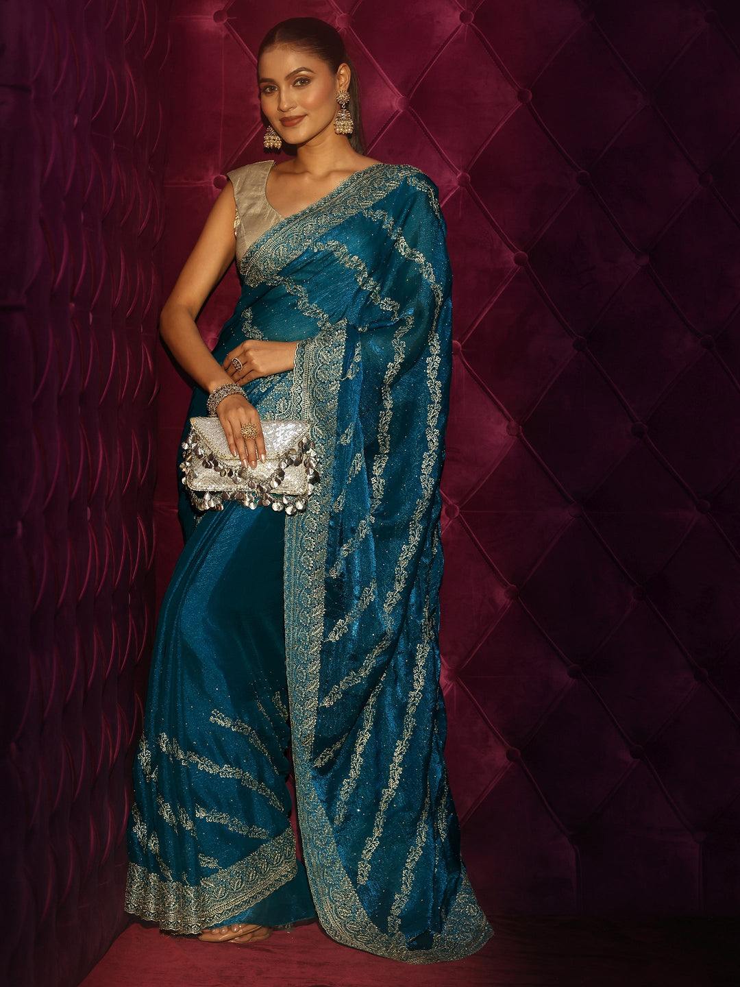 Libas Teal Blue Floral Embroidered Tissue Saree