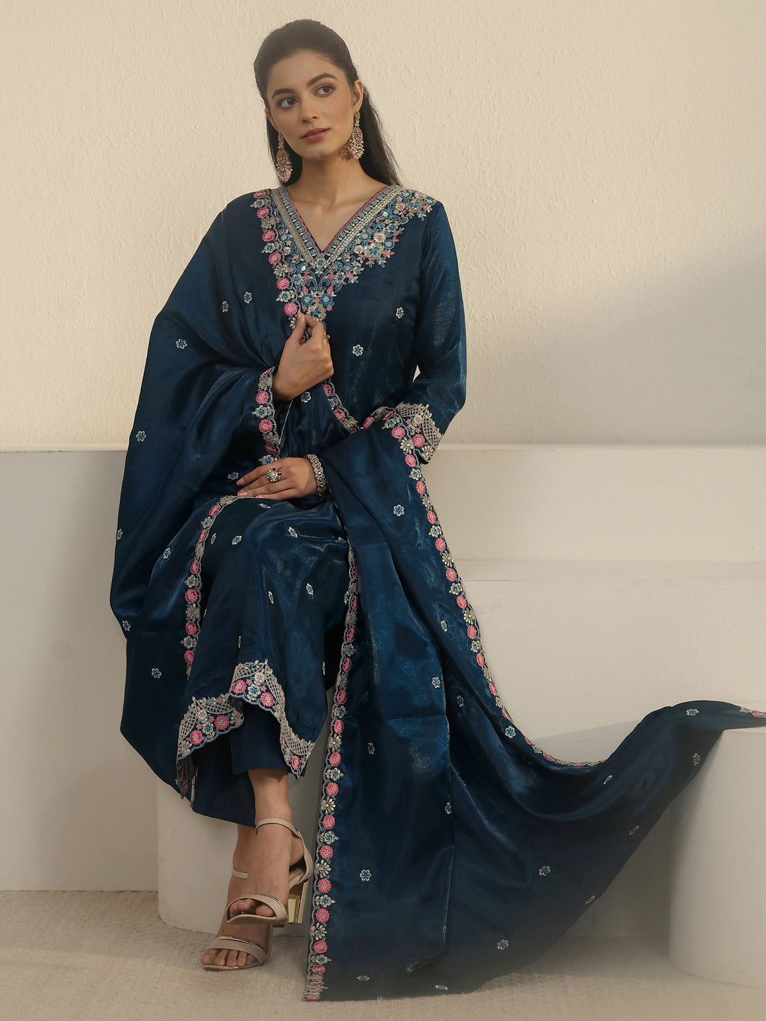  Libas Teal Blue Floral Embroidered Tissue Straight Suit Set 