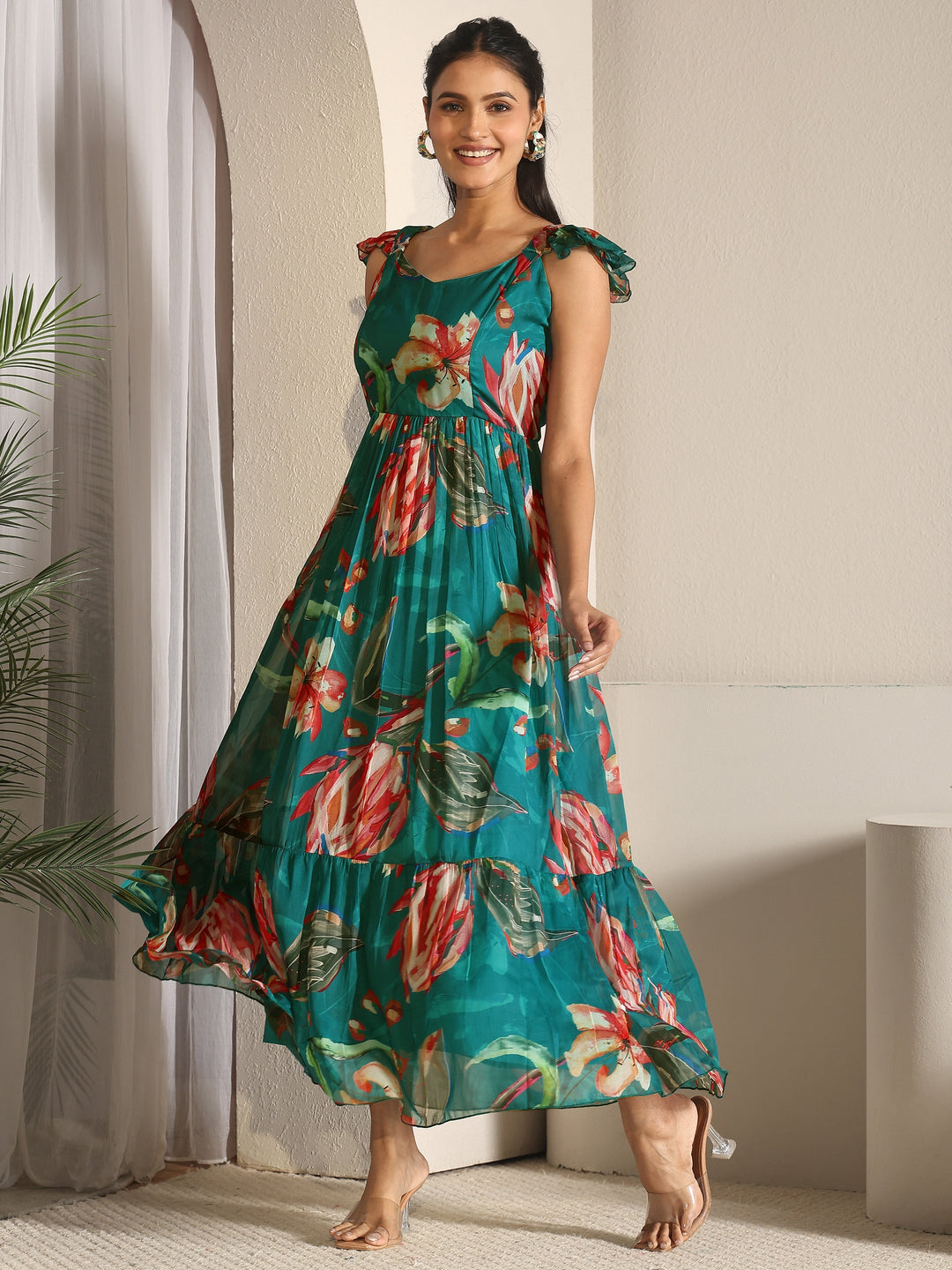 Libas Teal Blue Floral Printed Chiffon Fit And Flare Dress