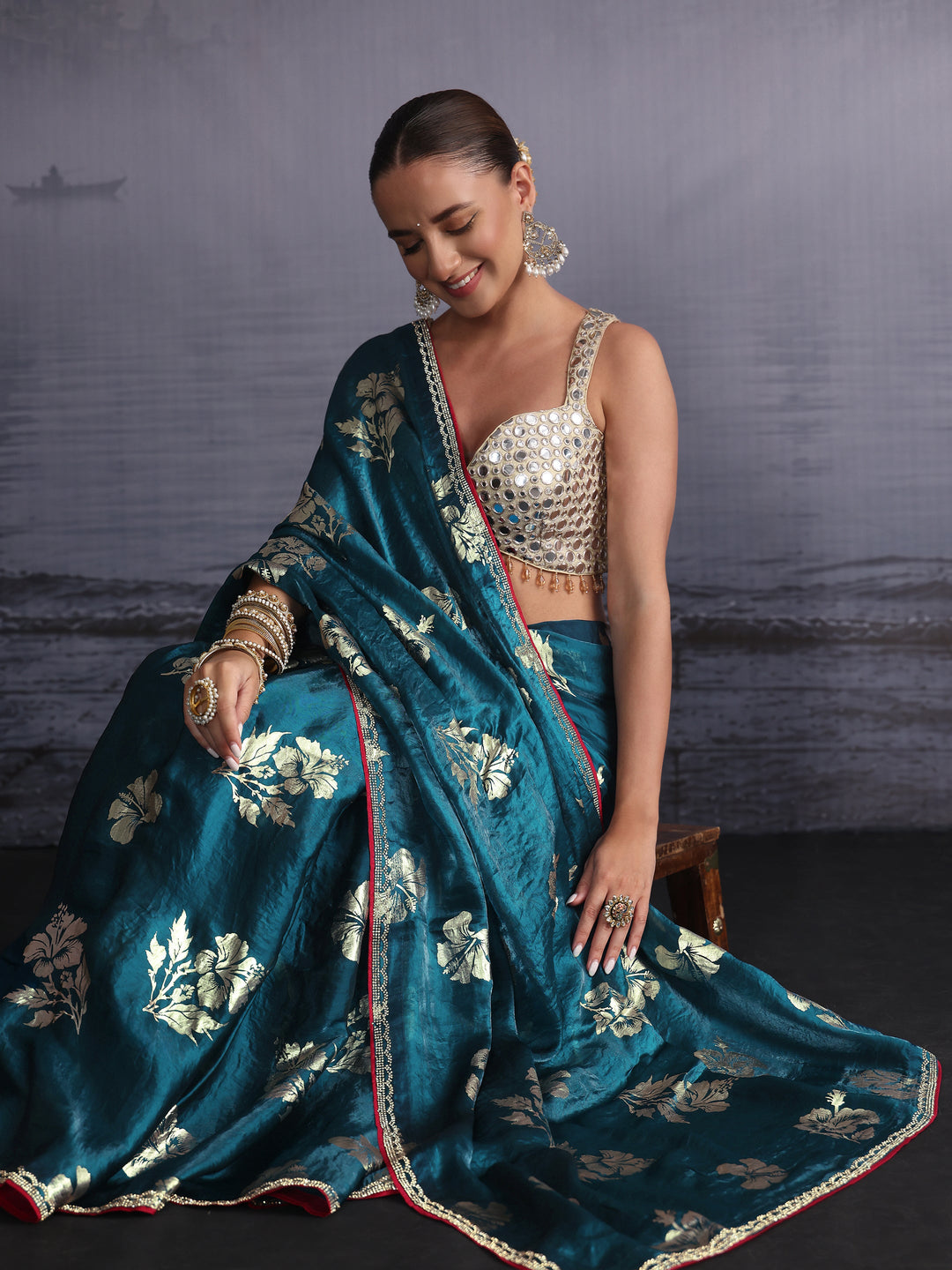 Libas Teal Blue Floral Printed Tissue Saree with Embellished Border