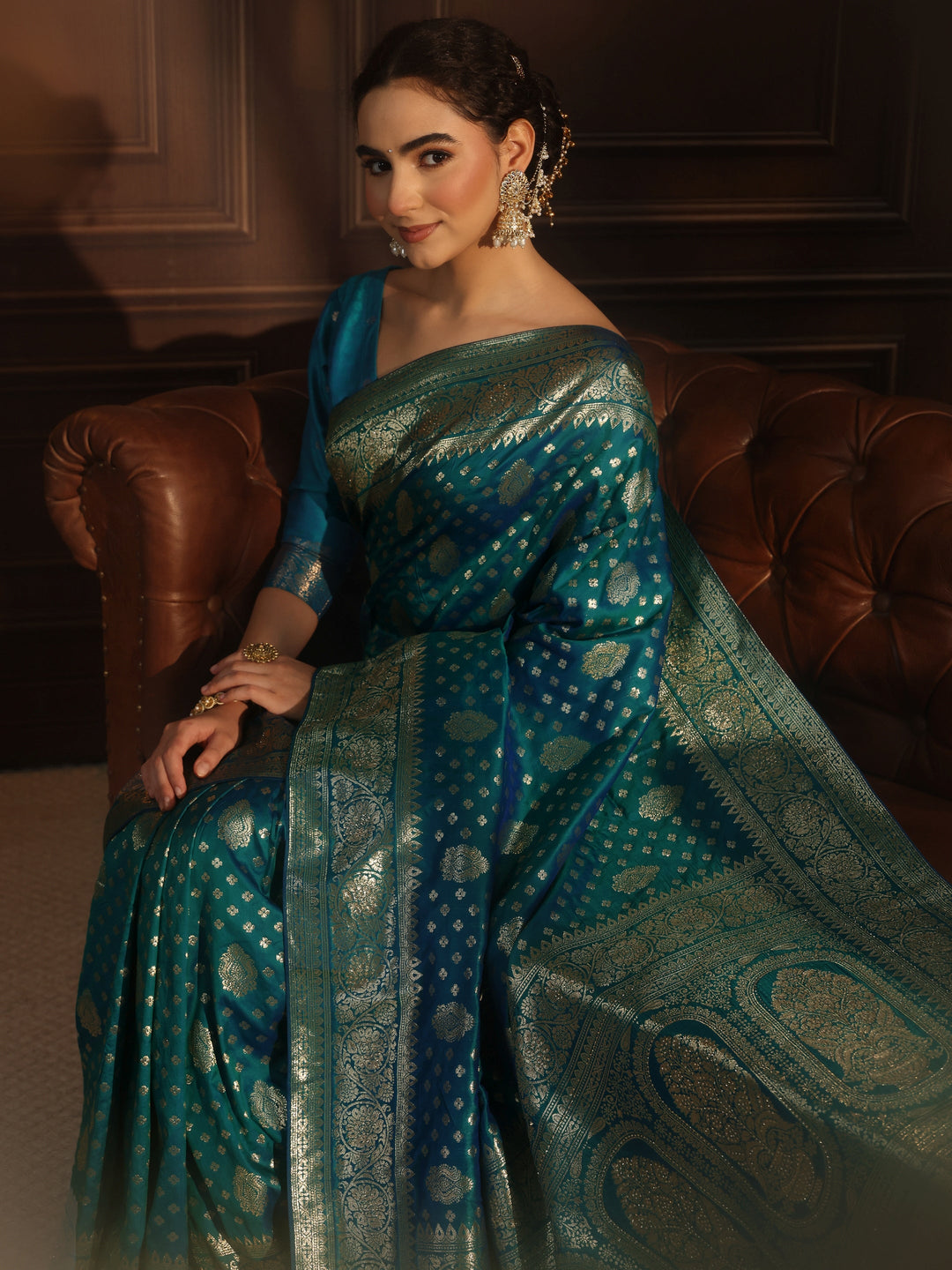 Libas Teal Blue Floral Woven Design Silk Blend Saree