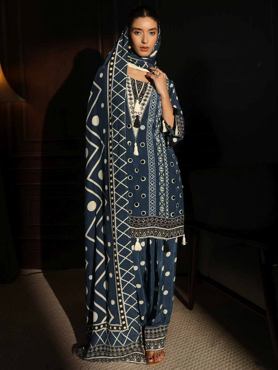  Libas Teal Blue Geometric Printed Muslin Farshi Salwar Suit 