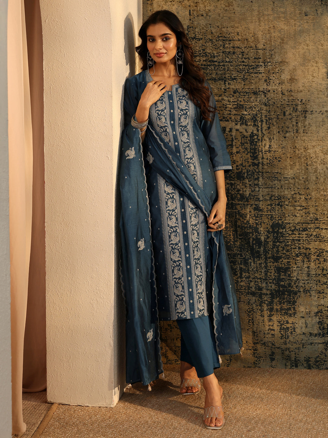  Libas Teal Blue Paisley Embroidered Chanderi Silk Straight Suit Set 