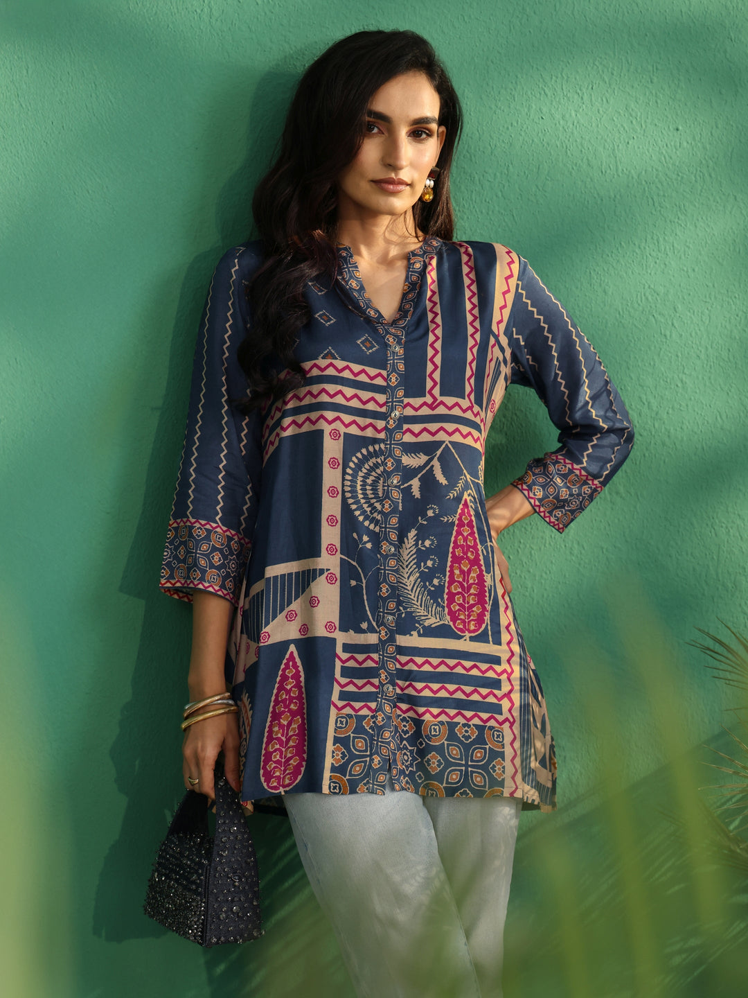  Libas Teal Blue Printed Muslin Short Kurti 
