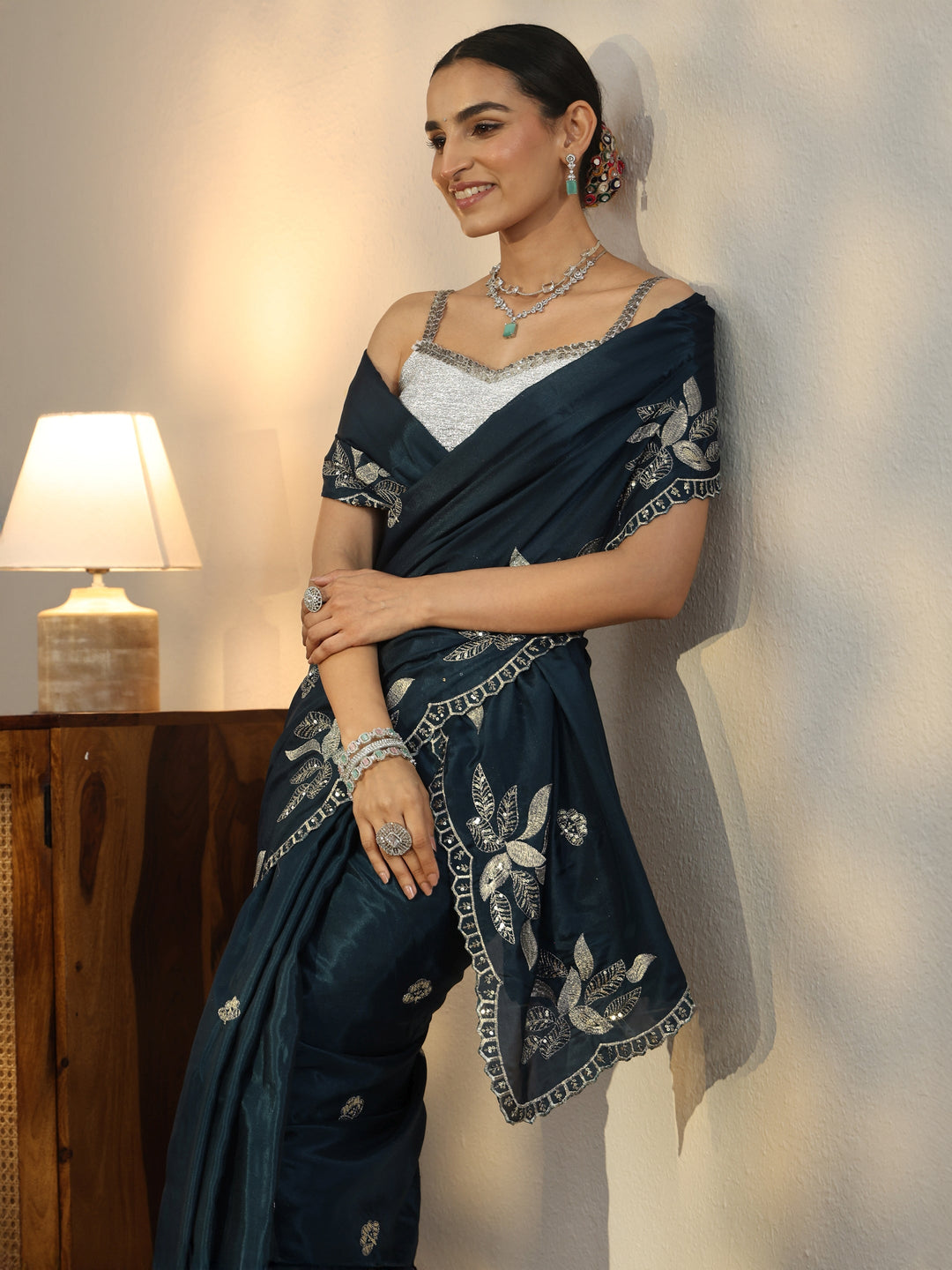  Libas Teal Blue Sequin Embellished Leafy Pattern Satin Saree 