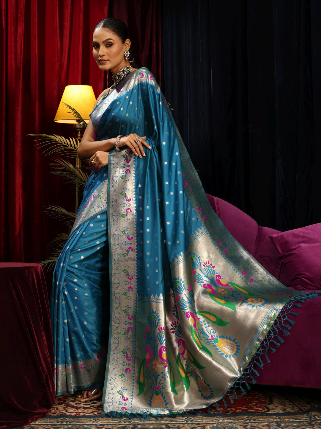 Libas Teal Blue Silk Blend Paithani Tassel Saree