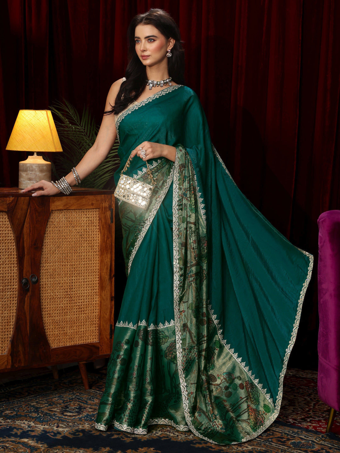  Libas Teal Blue Stone Work Embellished Tissue Saree 