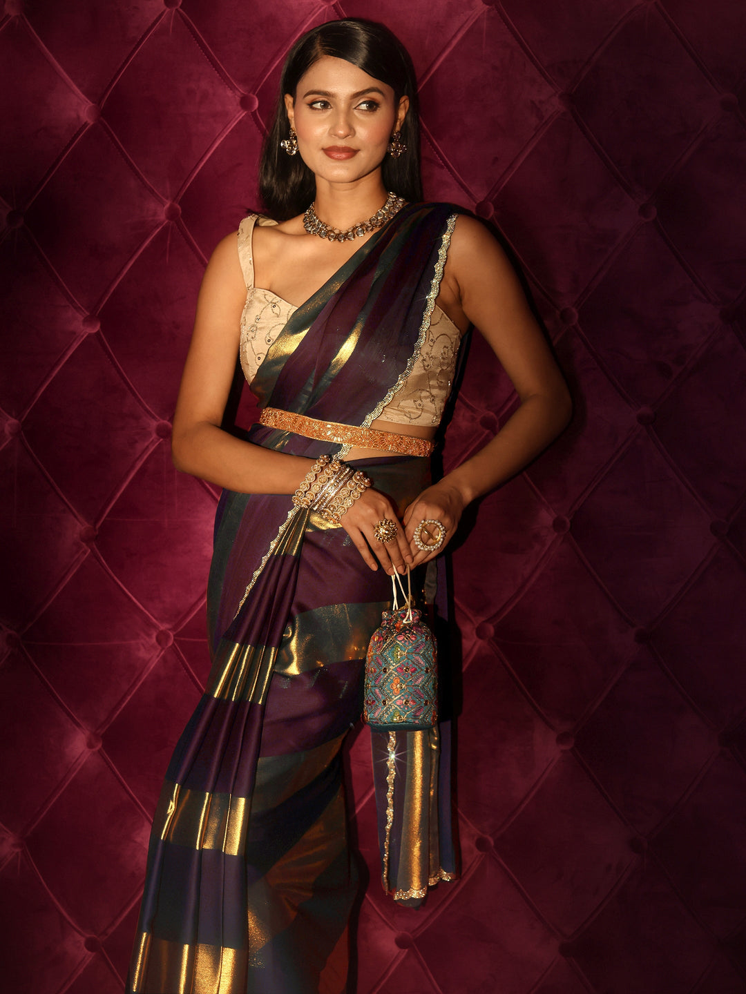  Libas Teal Blue Striped Chiffon Saree with Embellished Border 