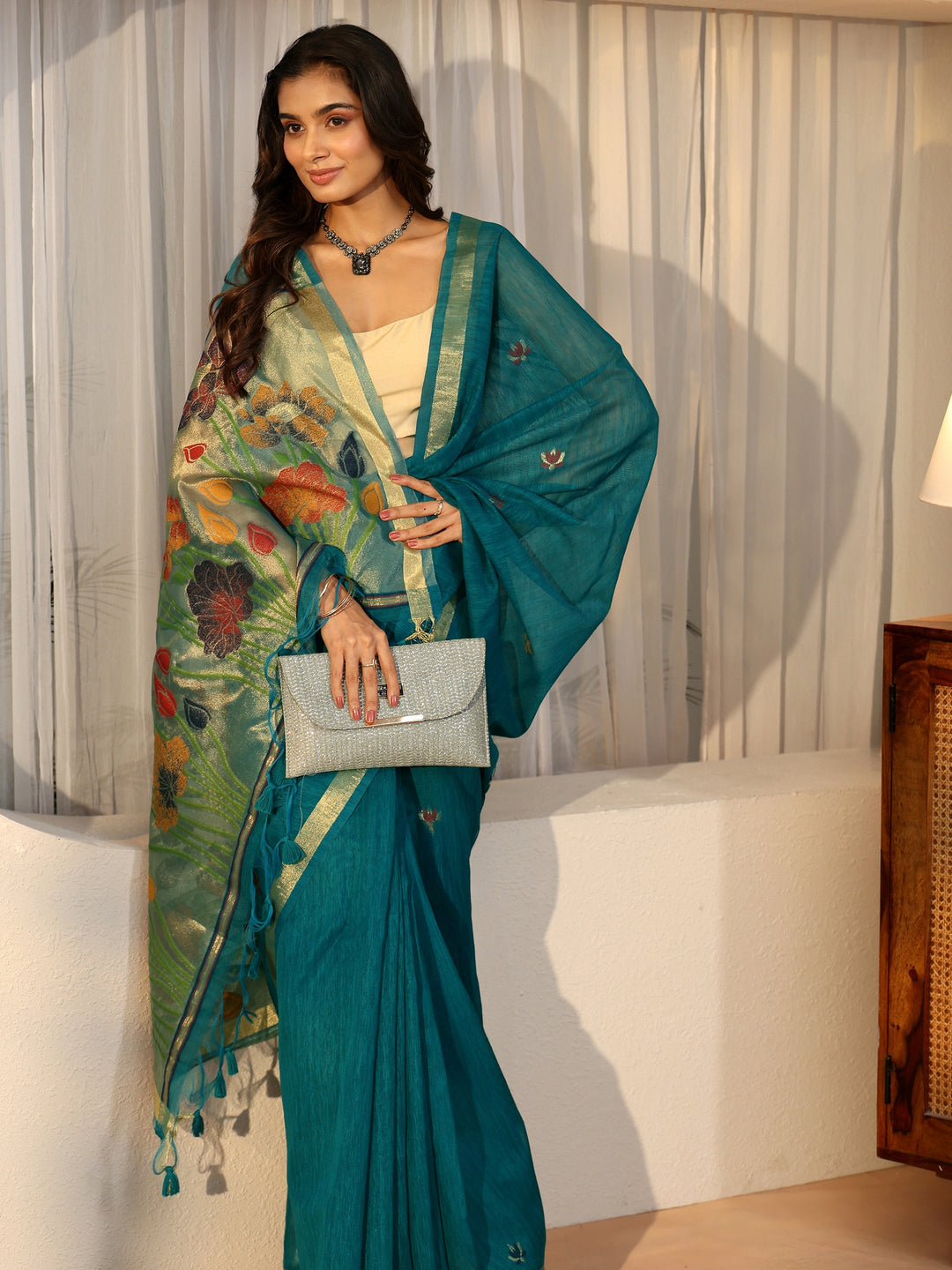  Libas Teal Blue Woven Design Floral Pallu Silk Blend Saree 