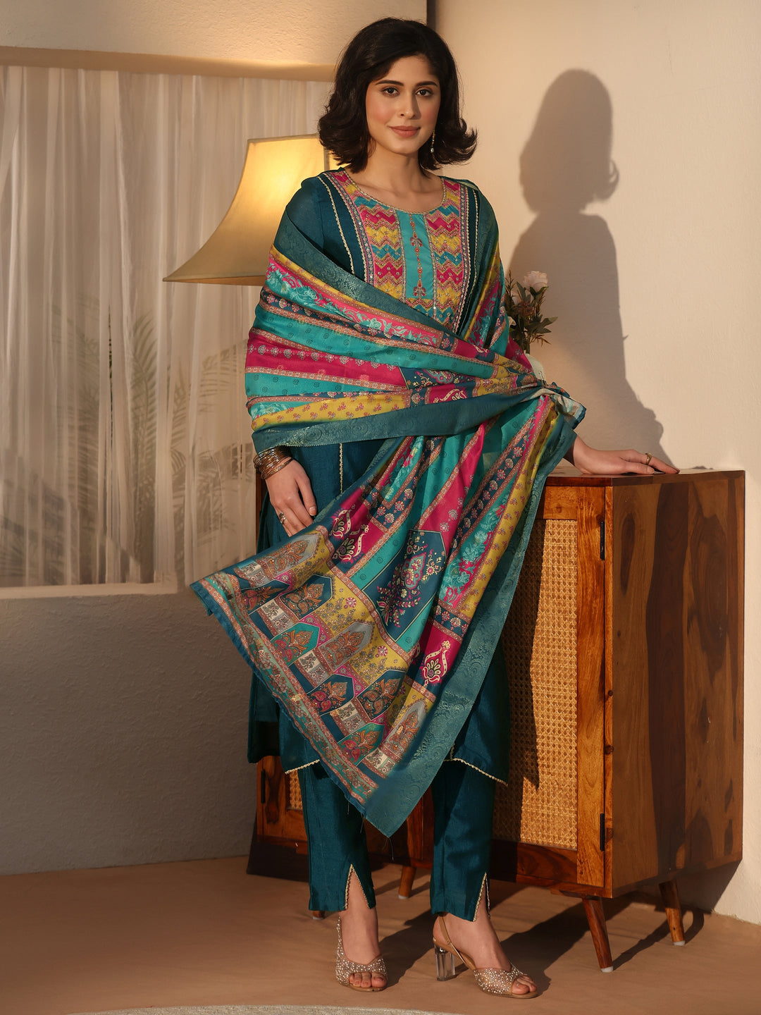  Libas Teal Blue Yoke Design Silk Blend Straight Suit Set 