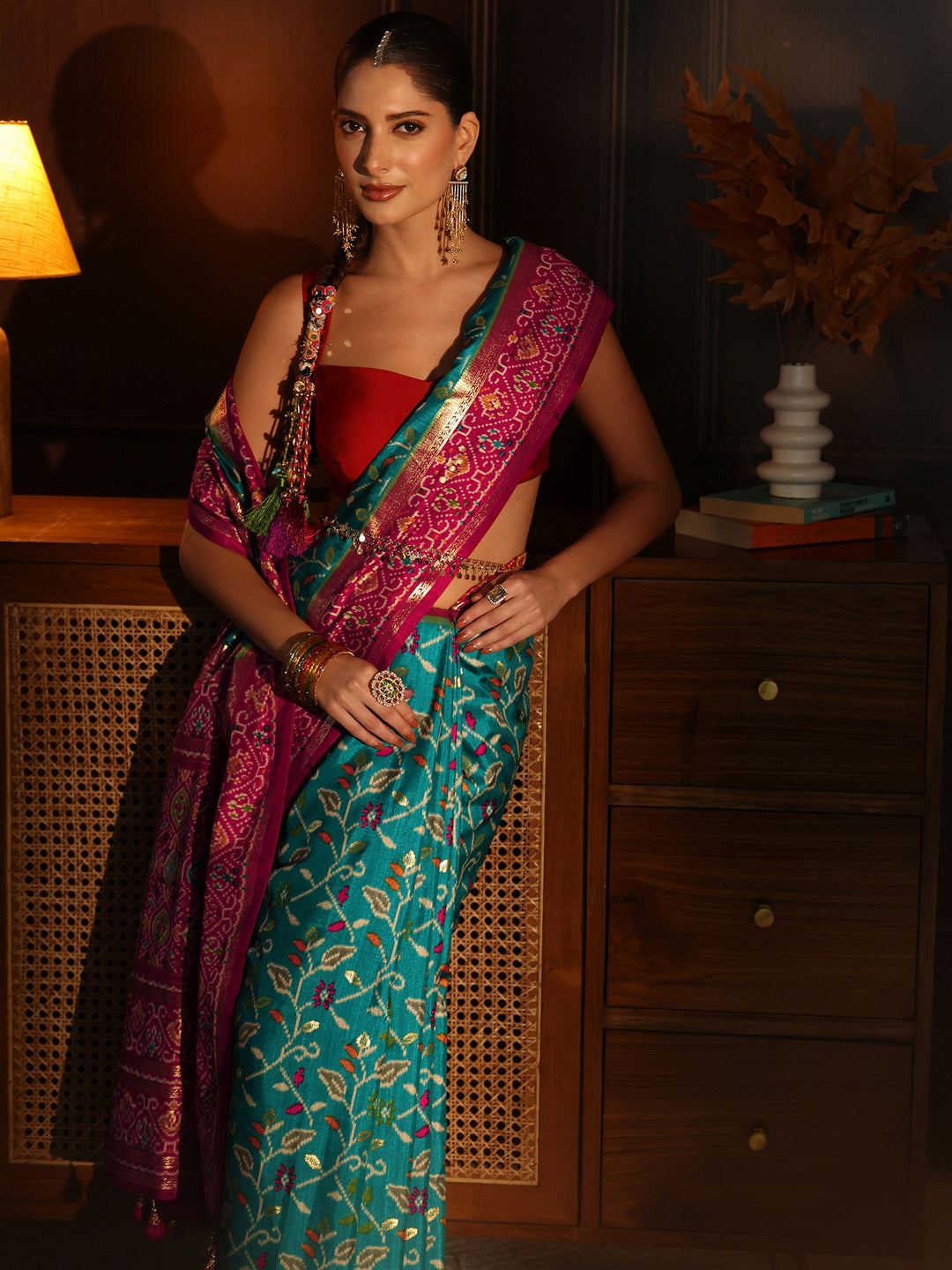 Libas Teal Blue and Pink Floral Printed Silk Blend Saree