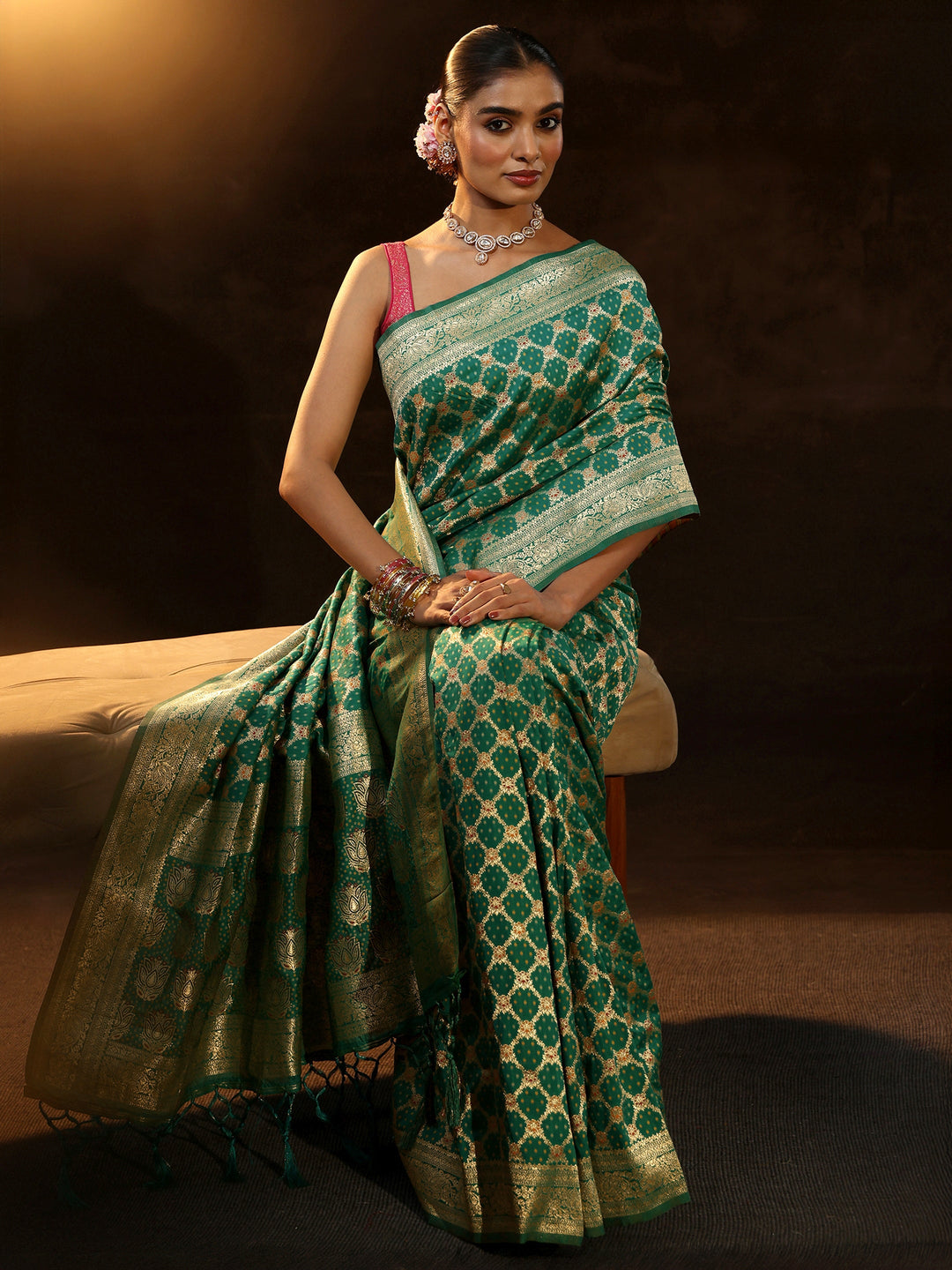  Libas Teal Green Banarasi Silk Blend Saree 