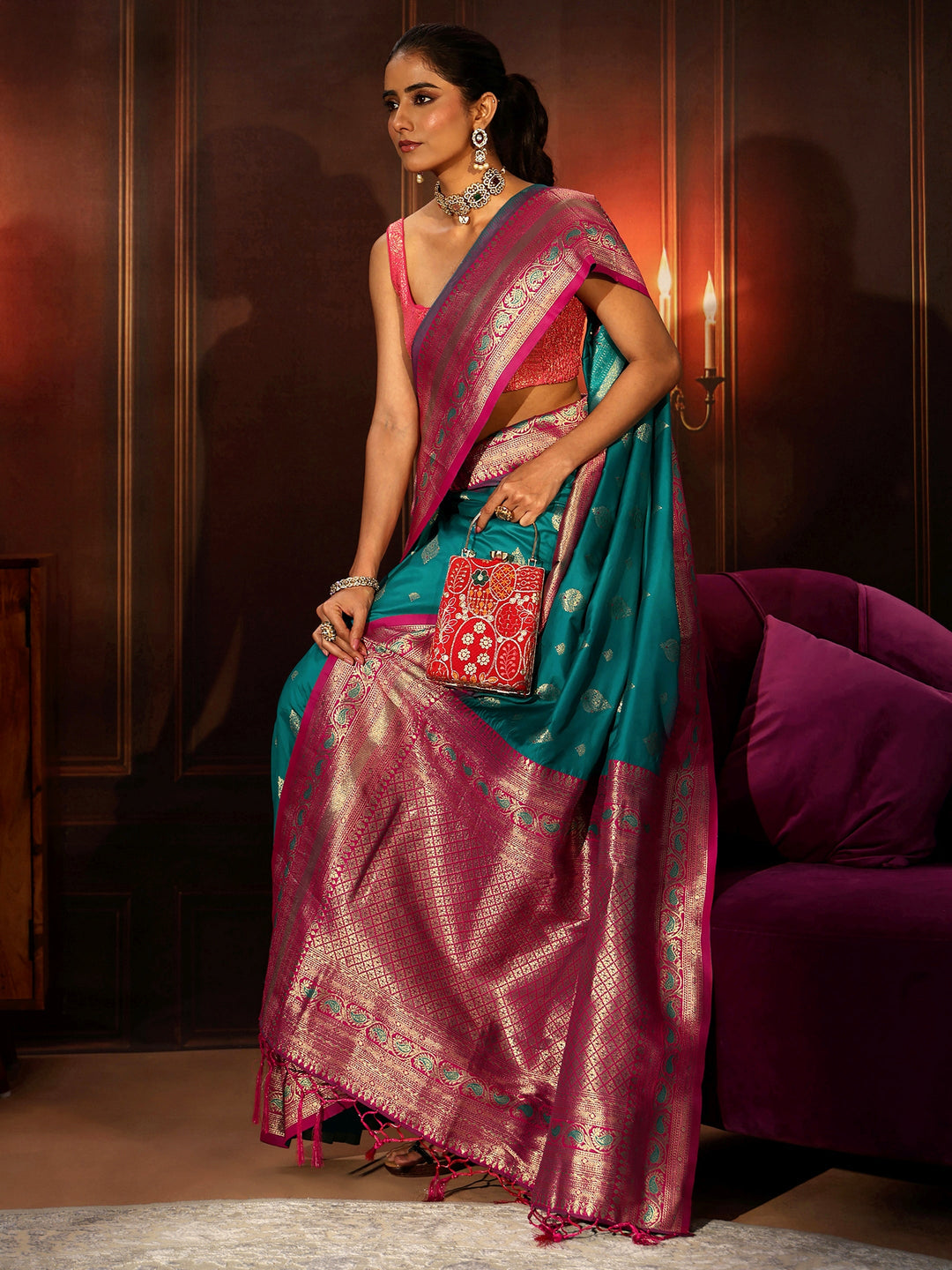  Libas Teal Green Banarasi Silk Blend Saree 