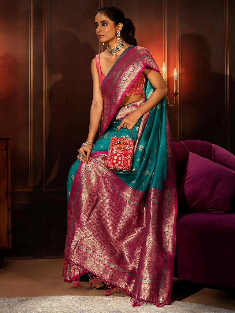 Libas Teal Green Banarasi Silk Blend Saree