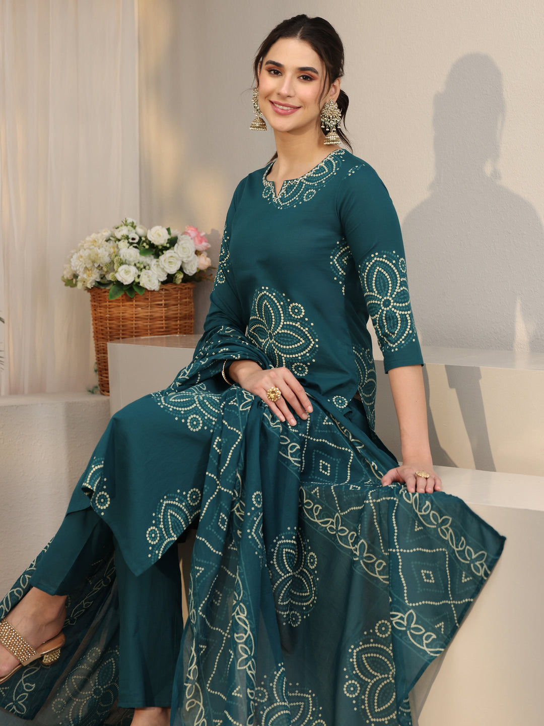  Libas Teal Green Bandhani Printed Cotton Straight Suit Set 