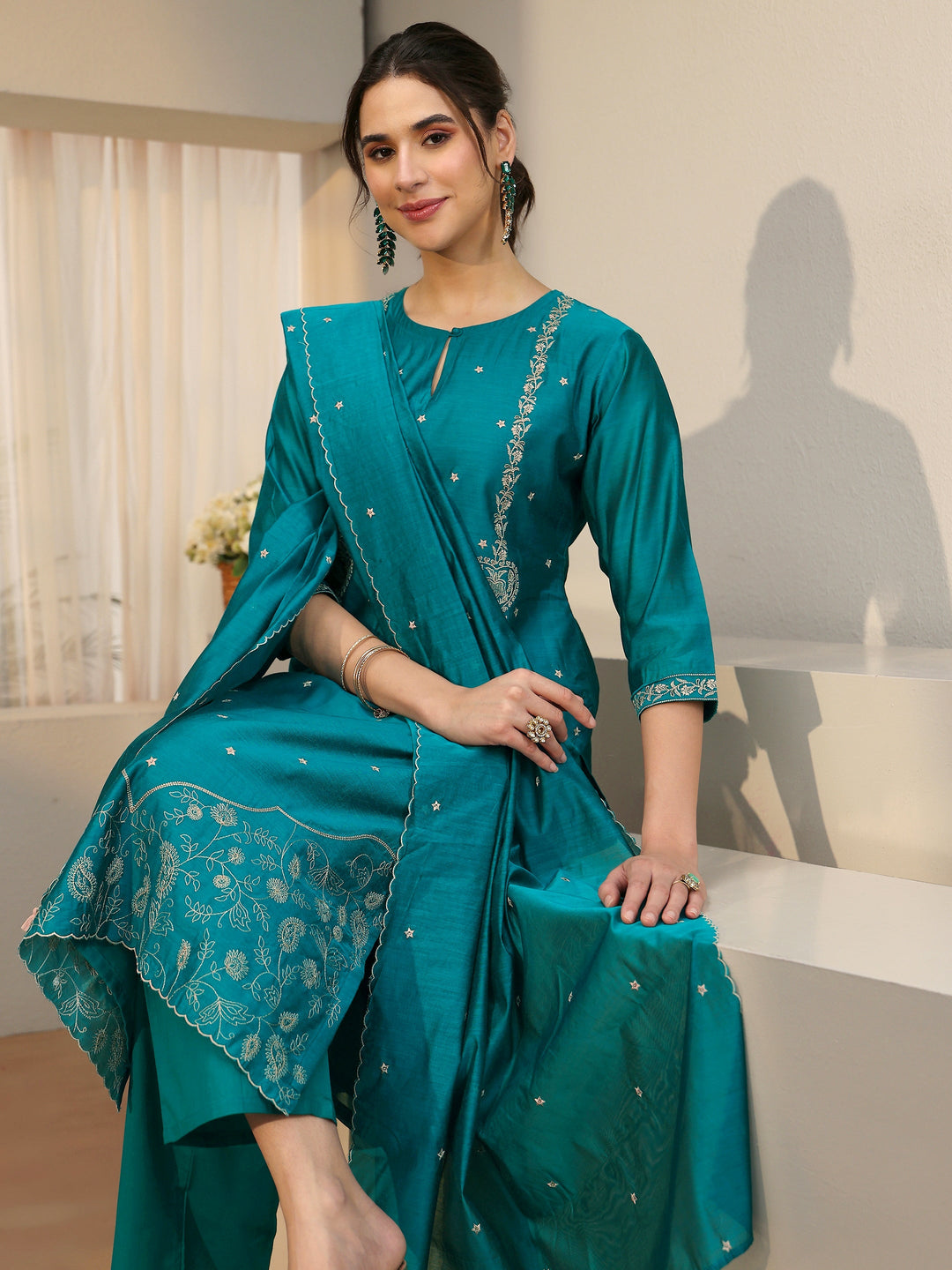  Libas Teal Green Embroidered Chanderi Silk Straight Suit Set 